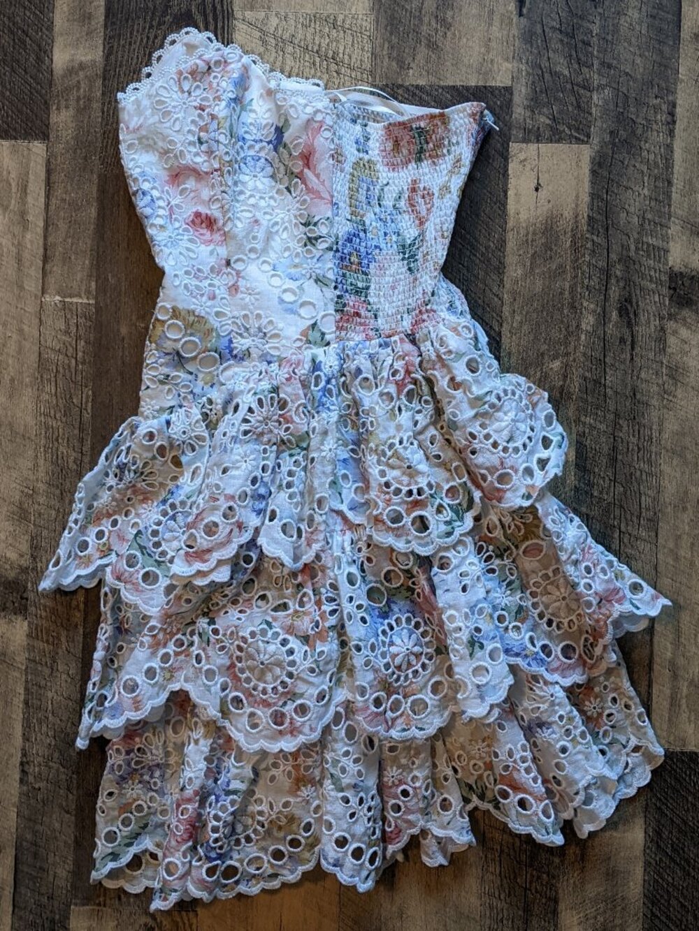 Zimmermann Bowie Ruffle Mini Dress Strapless Floral Linen Broderie Anglaise - Picture 4 of 9